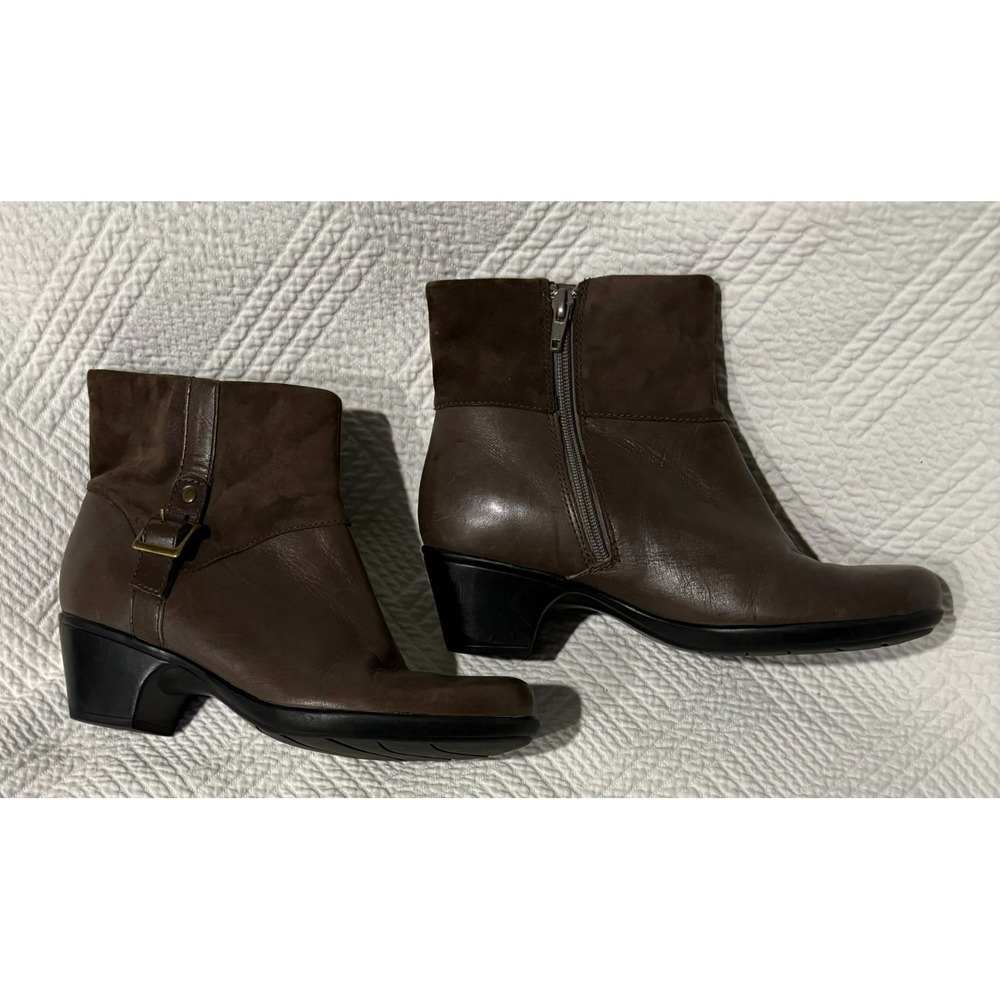 Clarks Ingalls Dover Brown Leather Suede Ankle Boots Buckle Zip Block Heel 8.5W